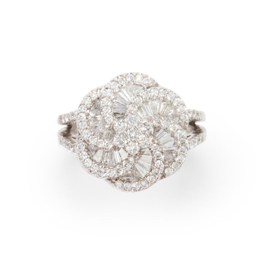 A diamond and eighteen karat white gold ring