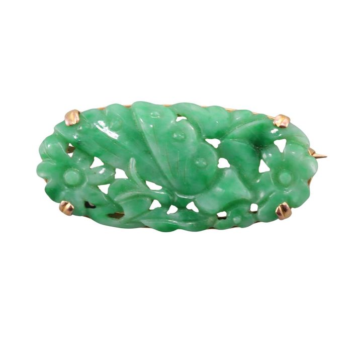 14k Gold Carved Jade Brooch Pin