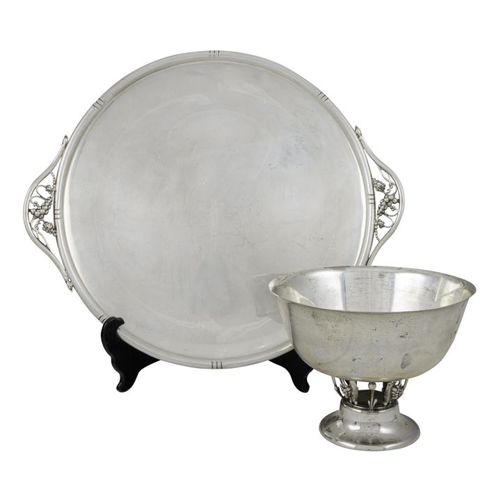 A Modern Jensen style sterling punch bowl and matching circular tray, Woodside Sterling Co
