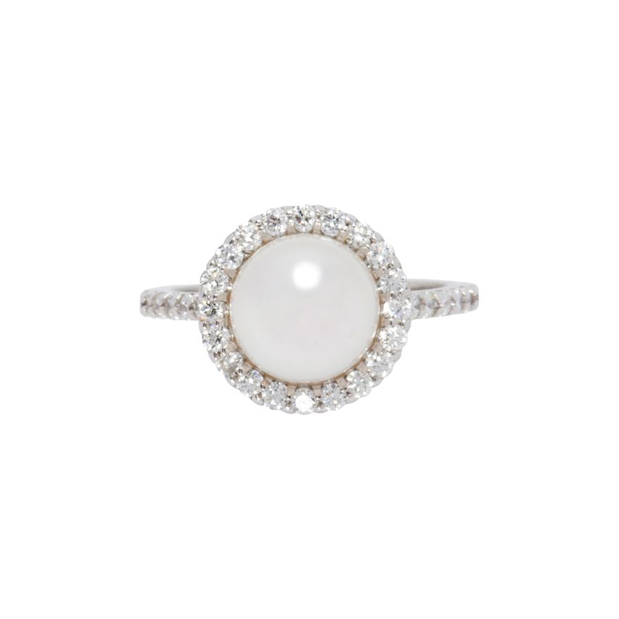 A cultured pearl, diamond and 14k white gold ring