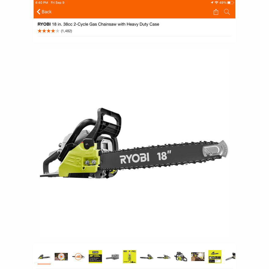Ryobi 18in 38cc 2-Cycle Gas Chainsaw w/Heavy Duty Case