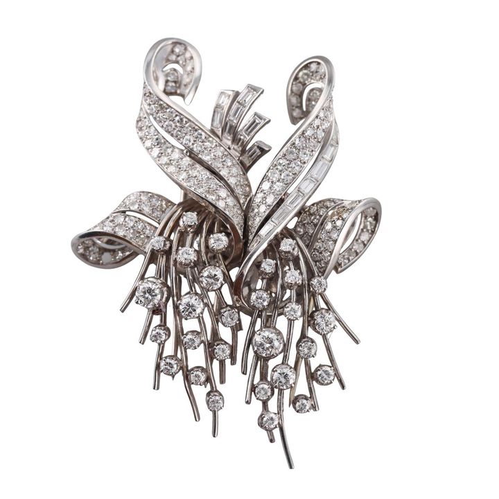 Midcentury Platinum 4.50ctw Diamond Double Clip Brooch