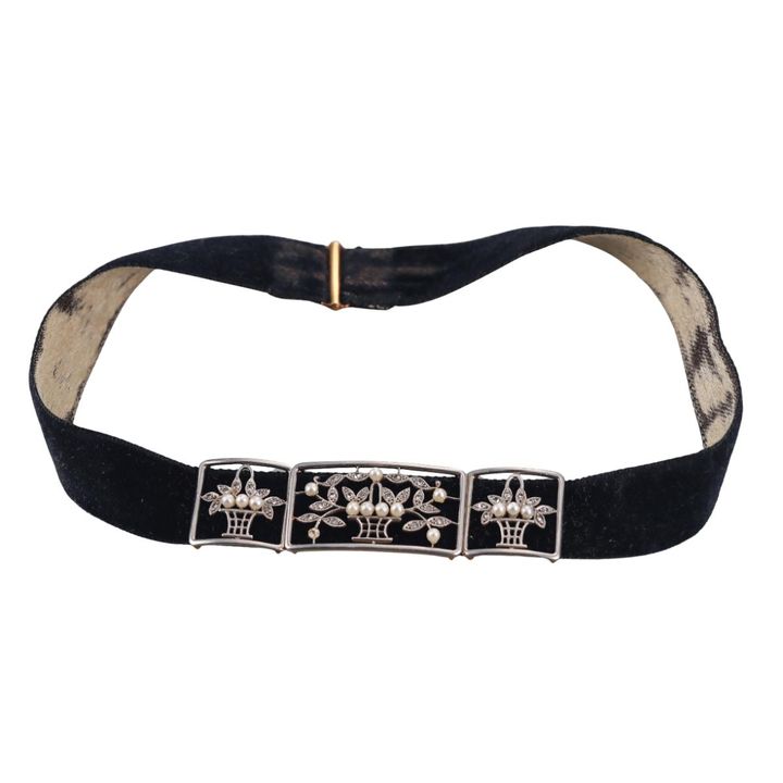 Antique Victorian Gold Platinum Pearl Diamond Velvet Choker Necklace