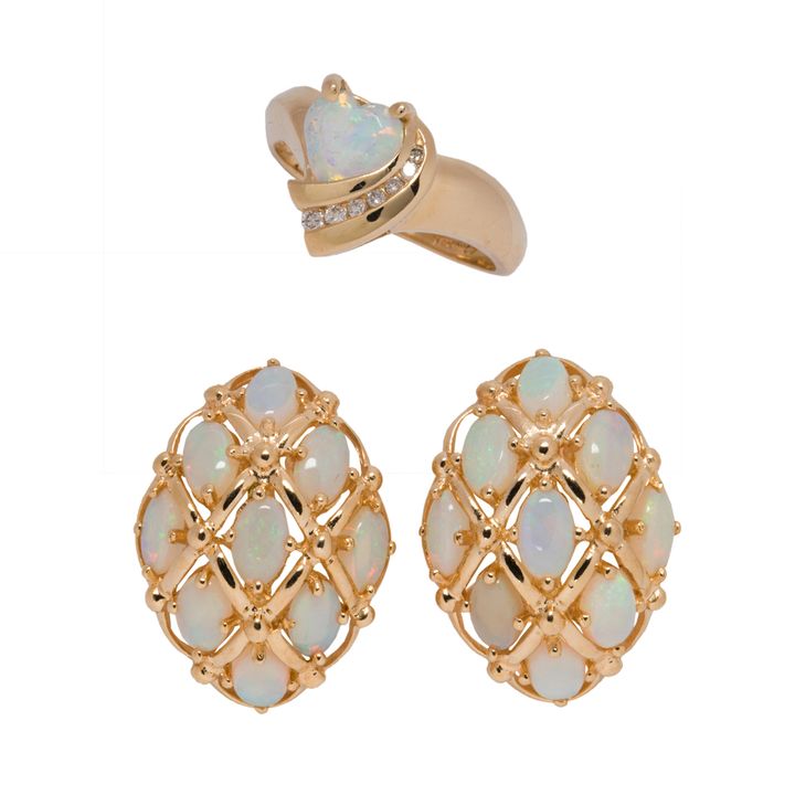 An opal and 14k gold ring and earrings