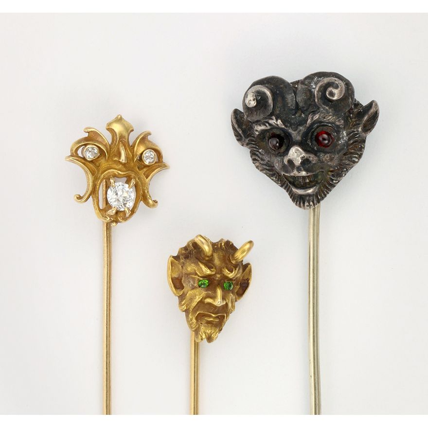 Diamond, peridot, glass, 14k yellow gold, silver and metal devil stickpins