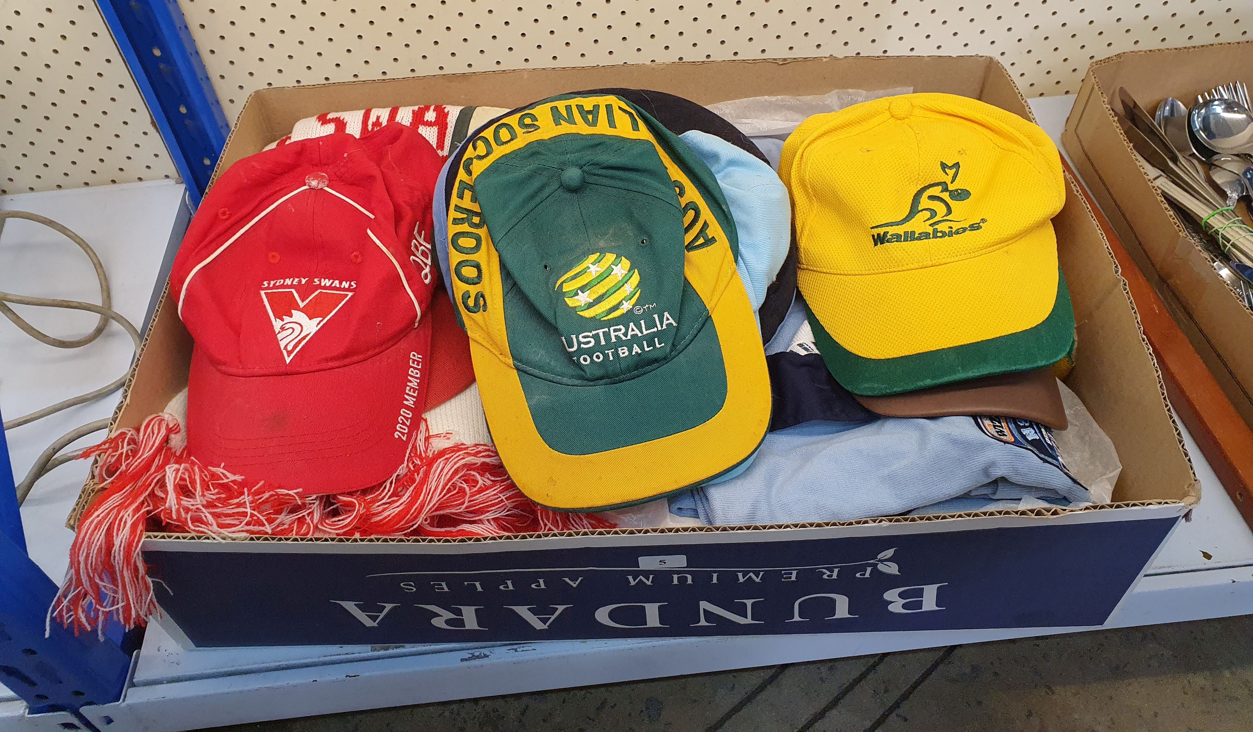 5 · A BOX OF SPORTS TEAM SUPPORTER HATS AND SCARVES