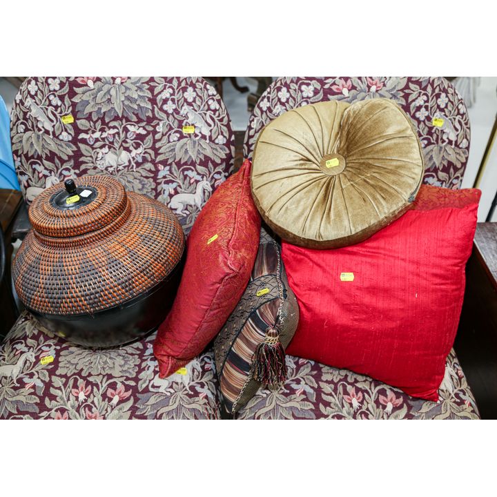 Five Decorative Pillows & a Wicker Basket
