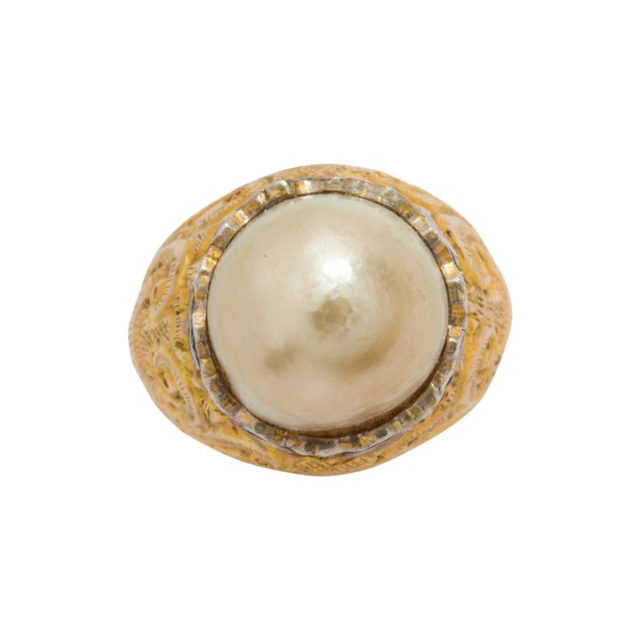 A baroque cultured pearl, diamond, 18k gold and silver ring