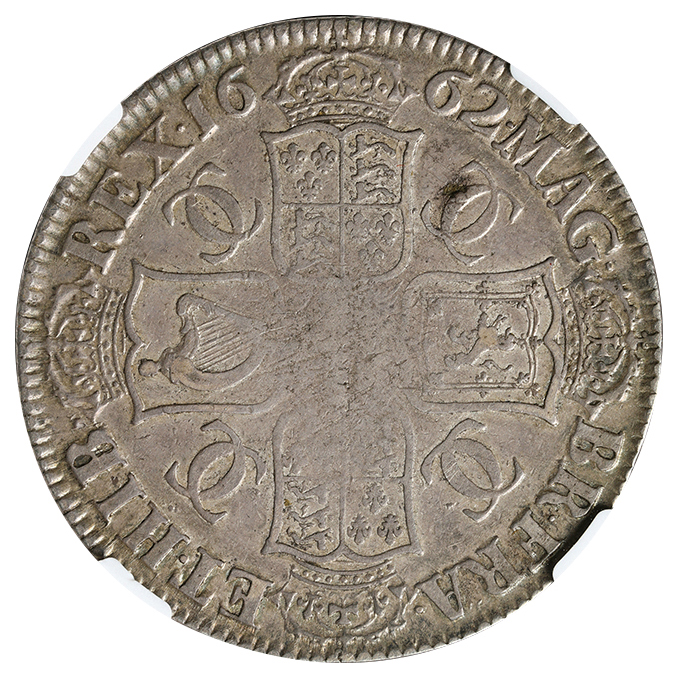 イギリス チャールス2世 (1660－1685) クラウン銀貨 1662 Spink-3350
