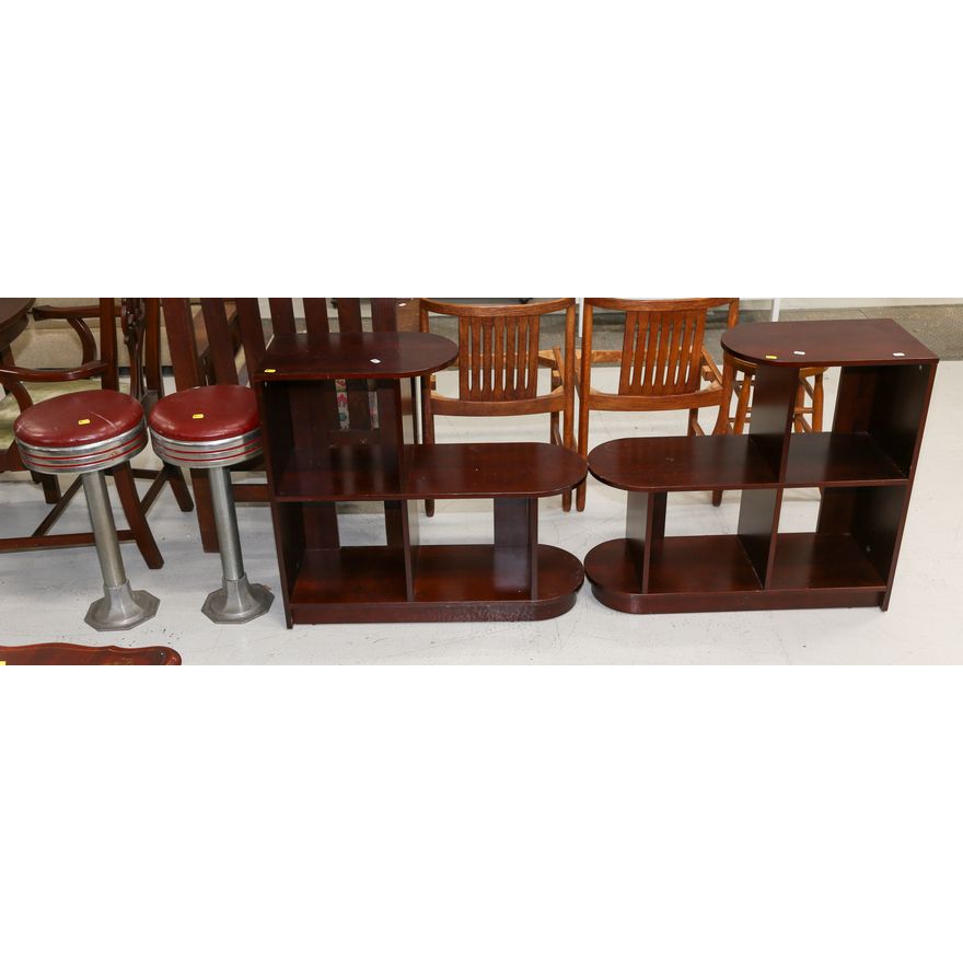 A Pair of Art Deco Aluminum Diner Stools & Deco Style Cherry Shelving Units