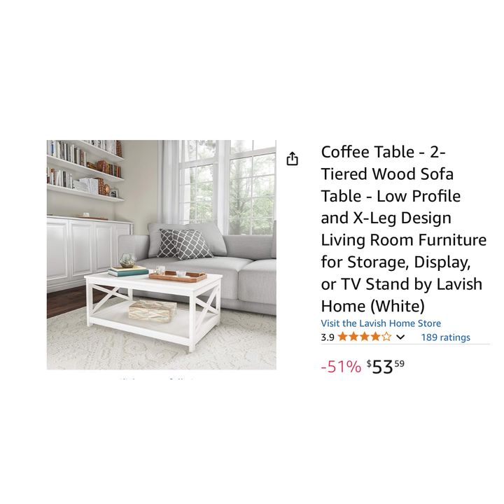 Lavish Home 2-Tiered Coffee Table Low Profile & X-Leg Design- White, 21.25'' D x 34.25'' W x 14.5'' H In Box
