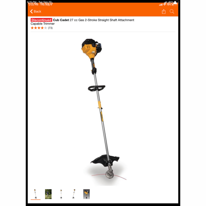 Cub Cadet 27cc Gas 2-Stroke Straight Shaft Attachment Capable Trimmer