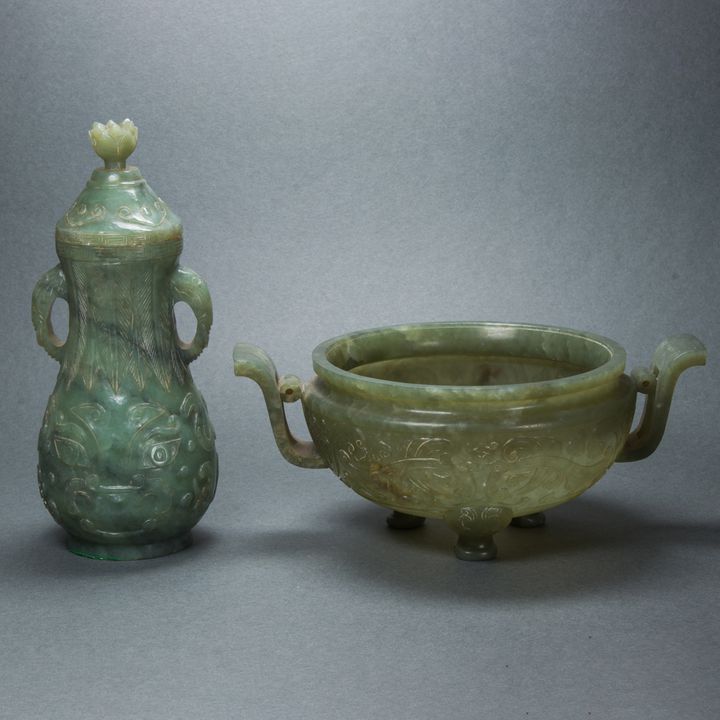 (lot of 2) Chinese celadon hardstone archaistic vessels
