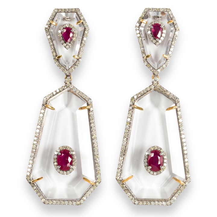 A pair of rock crystal, ruby and diamond pendant earrings
