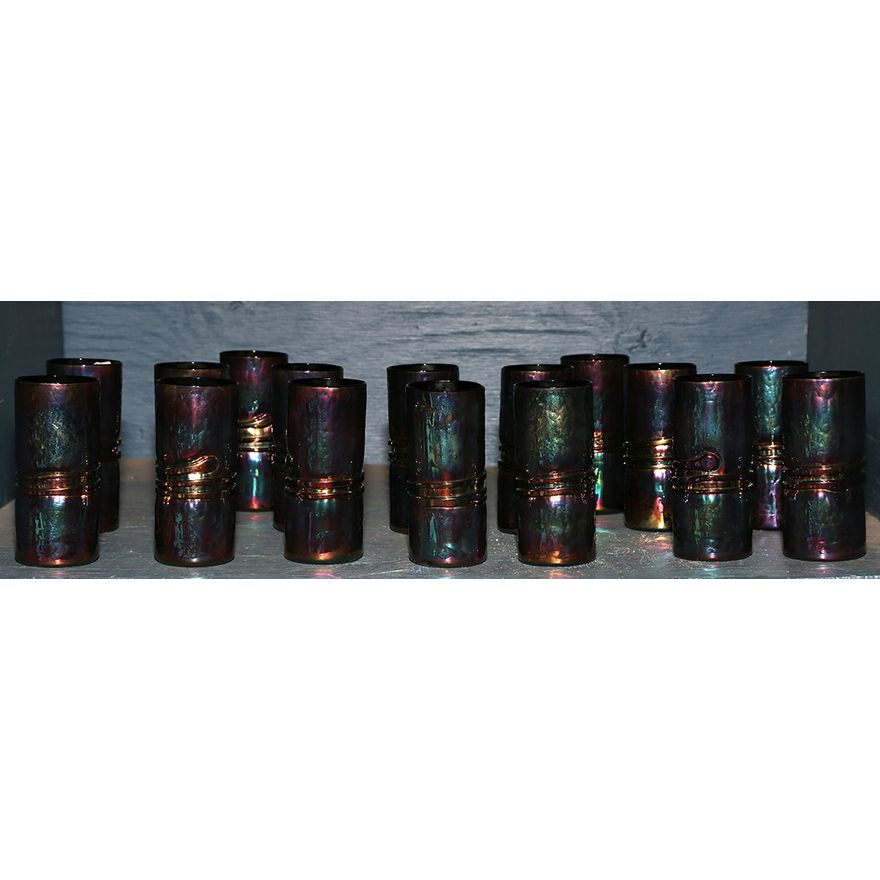 One bin of iridescent art glass water tumblers
