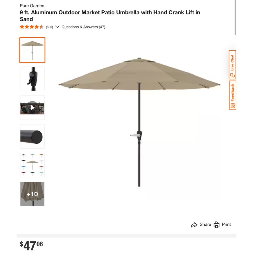 Pure Garden 9ft Aluminum Outdoor Market Patio Umbrella w/ Hand Crank Lift In Sand Color- 92'' H x 108'' W x 108'' D