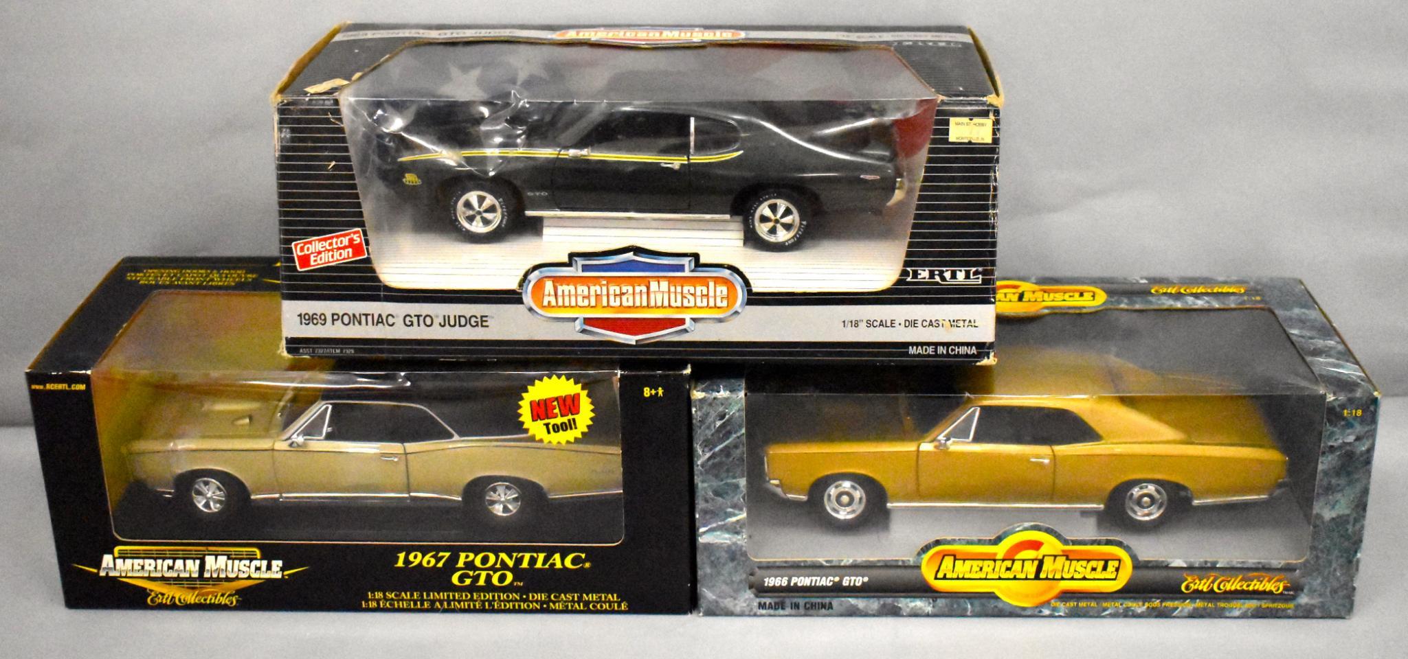 Three Ertl American Muscle Pontiac GTO 1/18 die cast cars MIB 1966