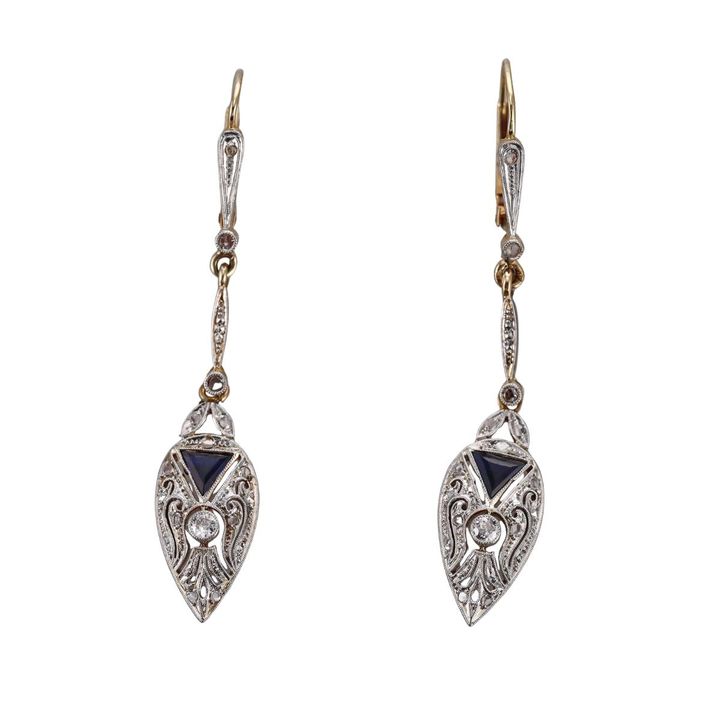 18k Gold Platinum Diamond Sapphire Drop Earrings