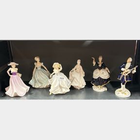 A group of six Royal Dux, Coalport and Royal Doulton figurines.