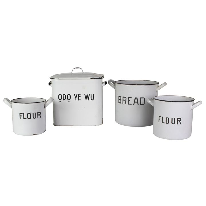 Four enamel kitchen bread and flour bins