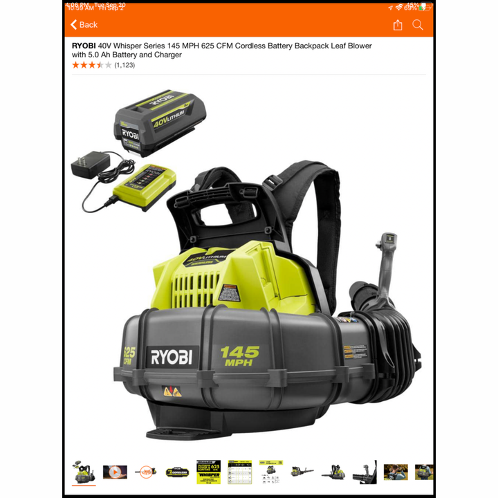 Ryobi 40V Whisper Series 145mph Cordless Battery Backpack Leaf Blower w/5.0Ah Battery & Charger
