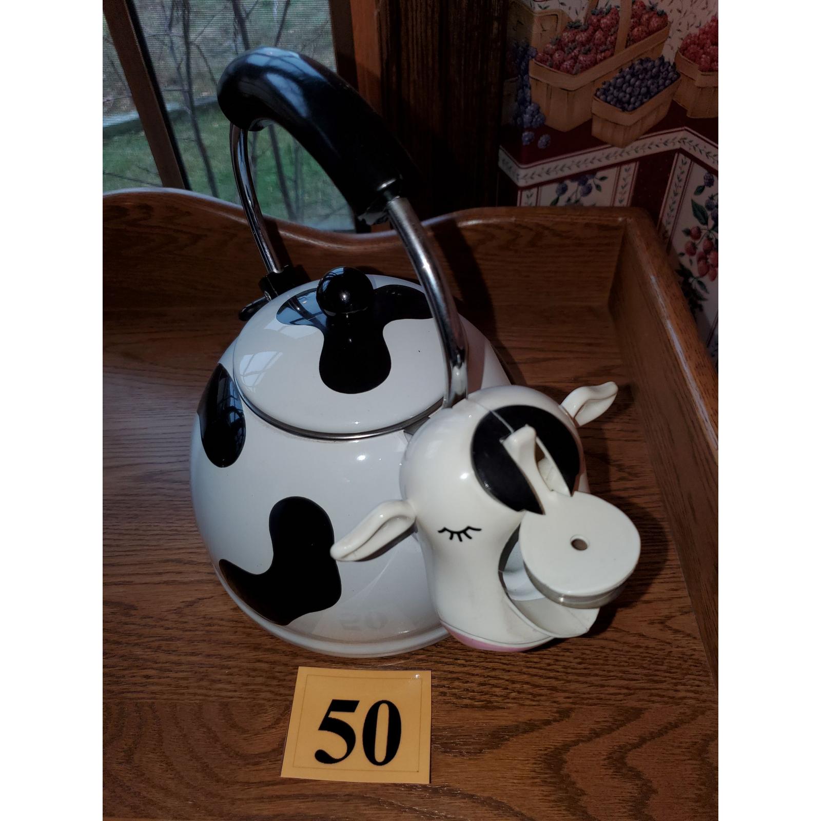 Vintage M Kamenstein Cow Tea Kettle Enamel Whistling Teapot