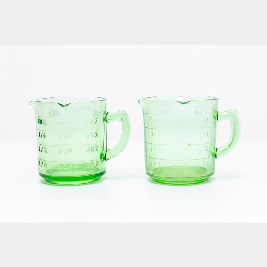 Two Hazel Atlas Green Depression Glass Measuring Cups