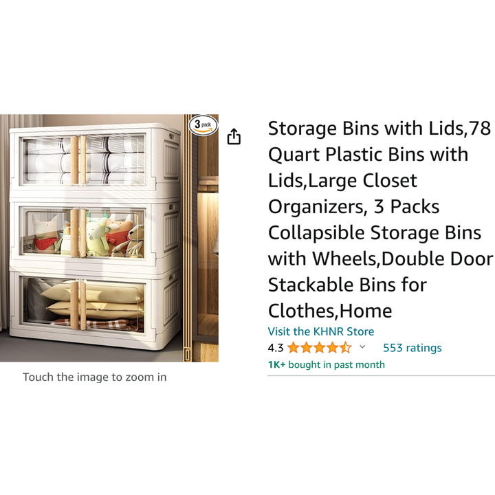 Khnr 3pk Storage Bins w/ Lid 78 Quart Plastic Bins (White) 25.59"L x 14.96"W x 40.94"H