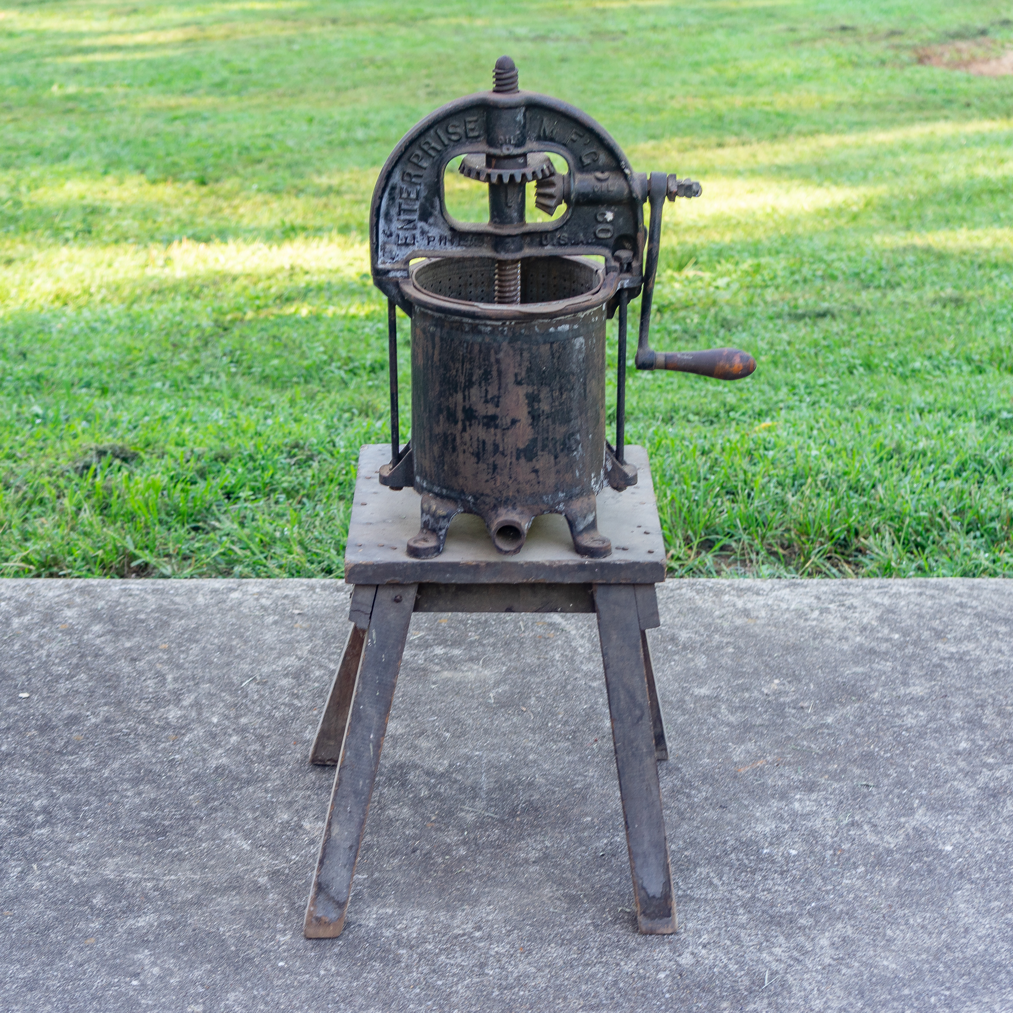 Antique Cast Iron Enterprises Lard Press on Wood Stand Harritt Group, Inc