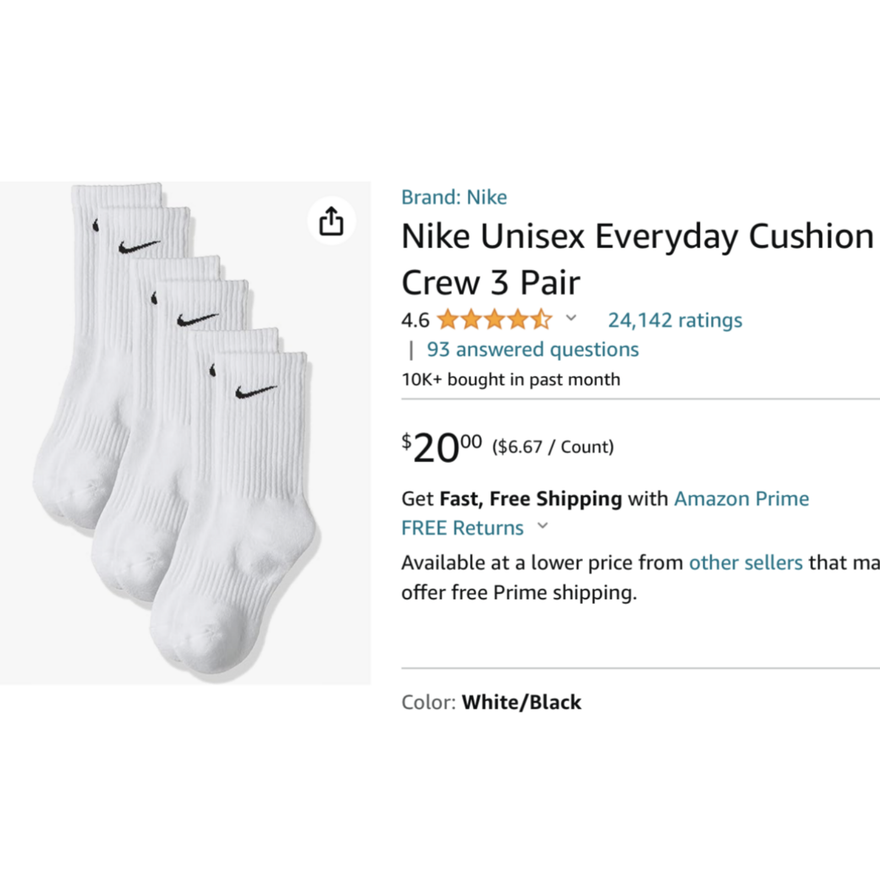 Nike Unisex Everyday Cushion Crew 3 Pair White Size Medium