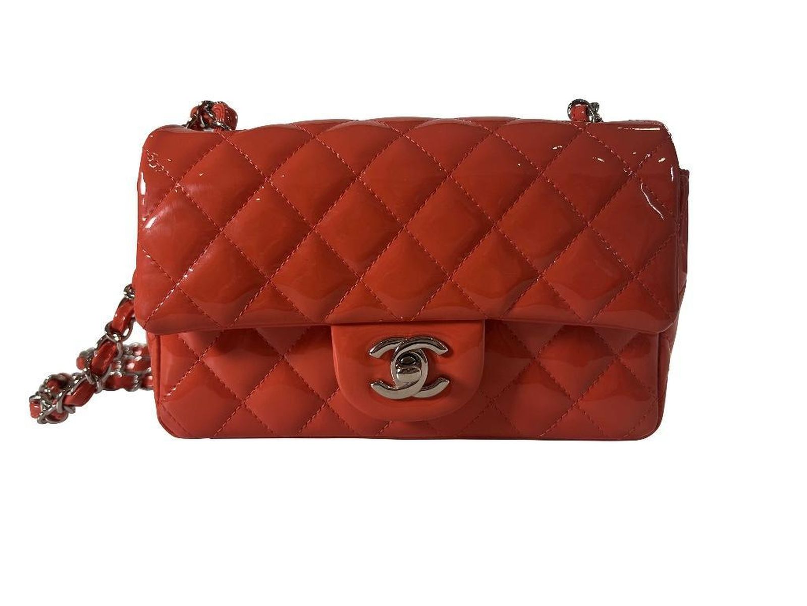 Chanel Coral Chevron Quilted Patent Leather Mini Flap Bag