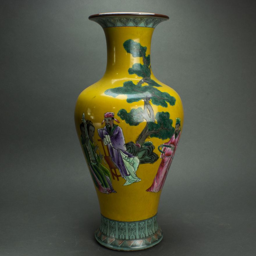 Chinese famille rose yellow ground vase