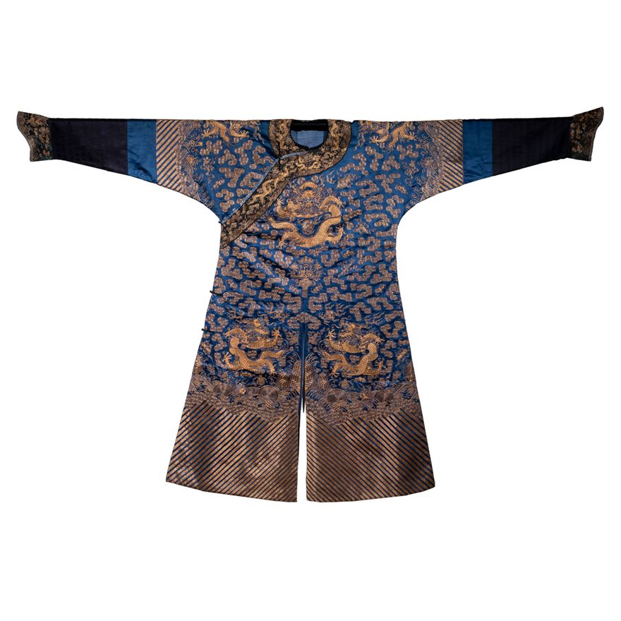 Chinese blue-ground gilt-thread and embroidered 'dragon' robe