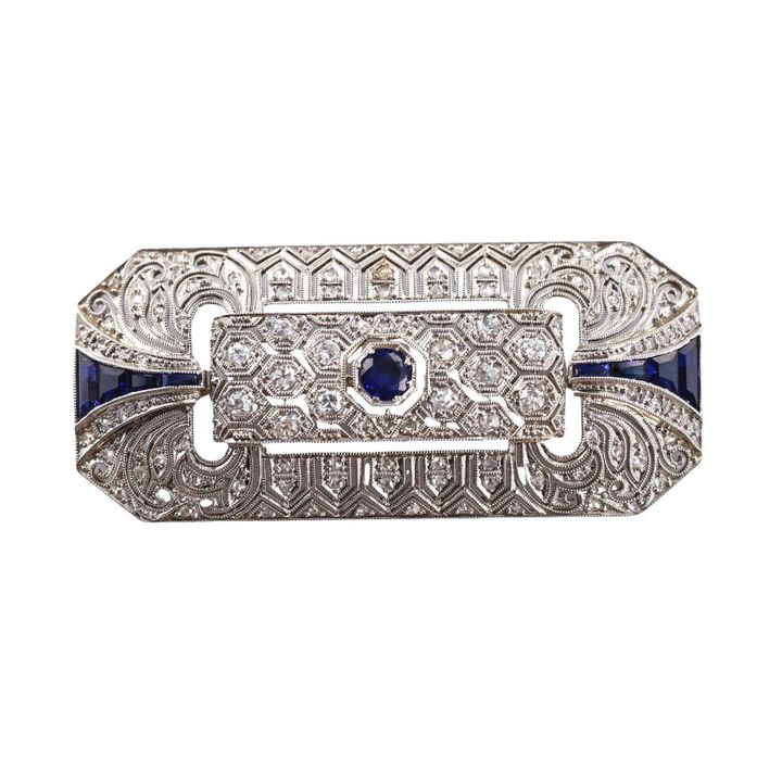 Filigree 18k Gold Diamond Sapphire Brooch Pin