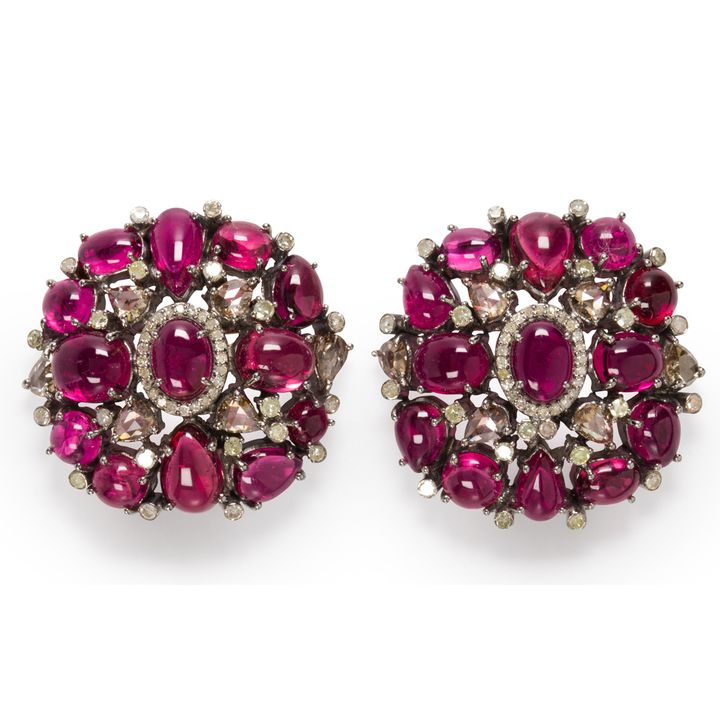 A pair of pink tourmaline and diamond earrings