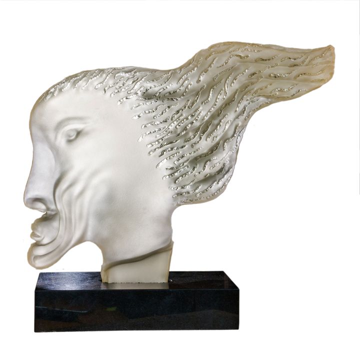 Monumental glass head in black marble base
