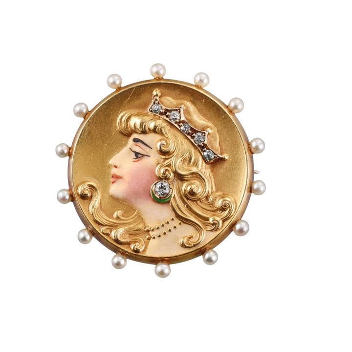 Antique Art Nouveau 14k Gold Diamond Pearl Portrait Brooch Pendant
