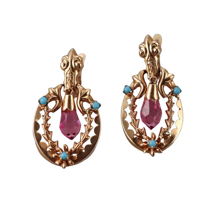 Antique European 20k Gold Pink Tourmaline Turquoise Earrings