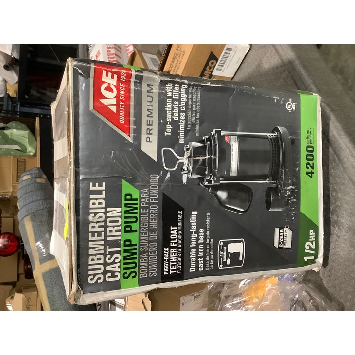 Ace 1/2HP Submersible Cast Iron Sump Pump Piggy Back Tether Float, 4200Gallons Per Hour