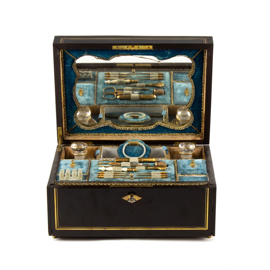 A Napoleon III brass inlaid dressing and sewing box, third quarter 19th century