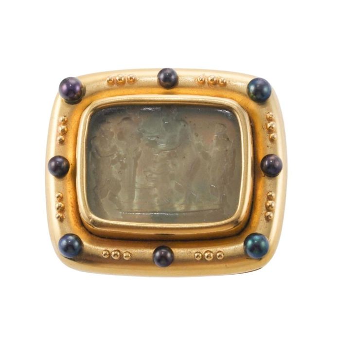 Elizabeth Locke Venetian Glass Intaglio Pearl Gold Brooch Pendant