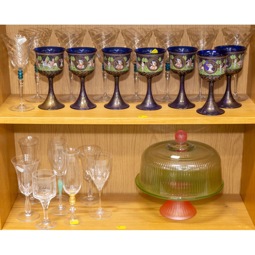 Set of Enameled Glass Goblets & Other Glassware