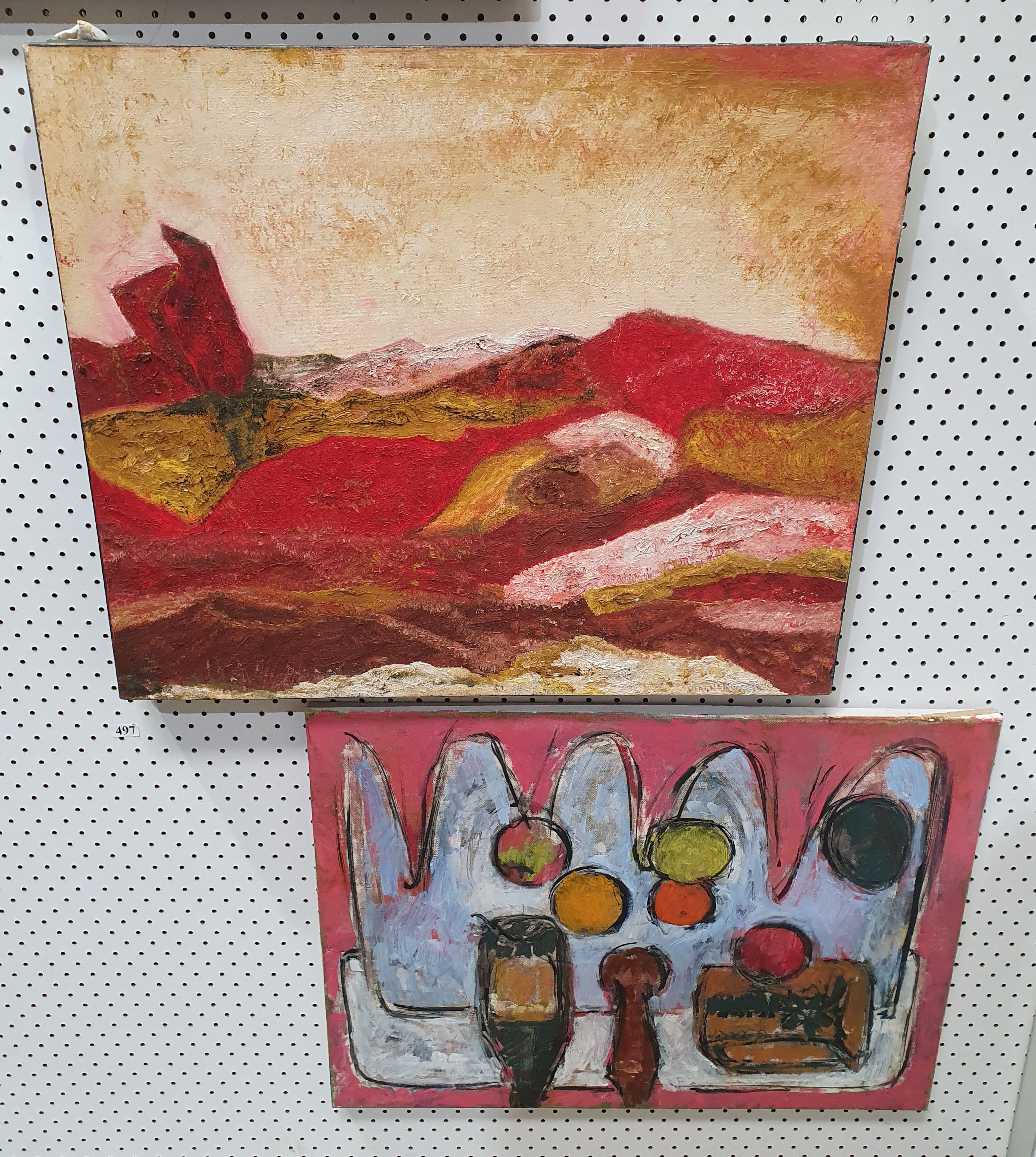 497 · TWO VARIOUS UNFRAMED PAINTINGS ON STRETCHED CANAS