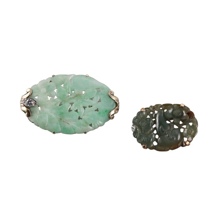 Antique 14k Gold Carved Jade Diamond Brooch Pin Set of 2