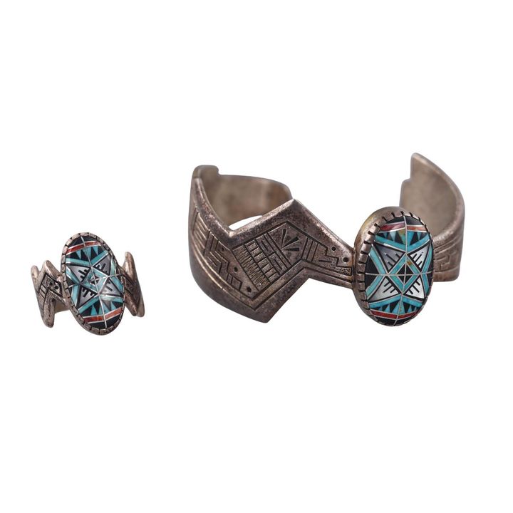 Native American Roderick & Marilyn Tenoria Kewa Sterling Inlay Gemstone Bracelet Ring Set