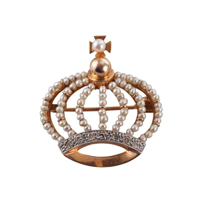Antique 18k Gold Seed Pearl Diamond Crown Brooch  Pendant