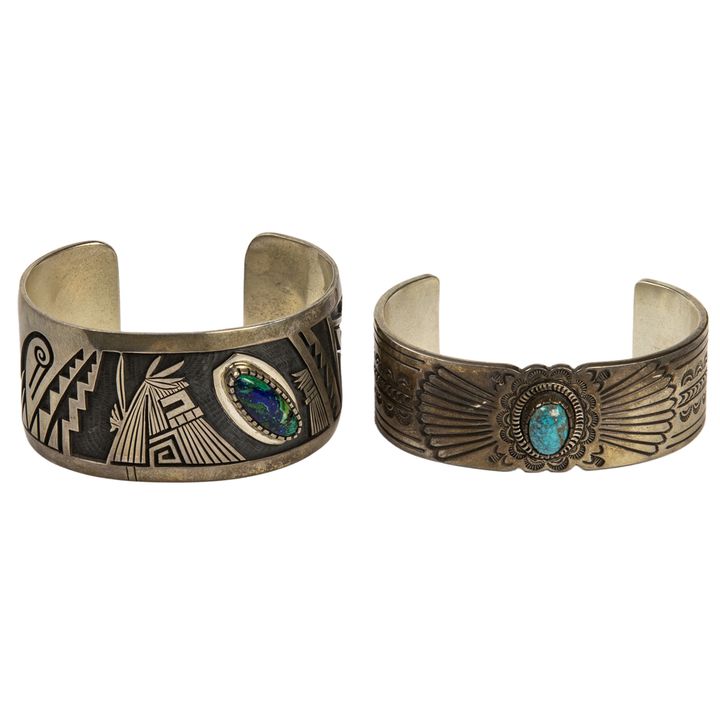 Two Turquoise, hardstone and silver cuffs