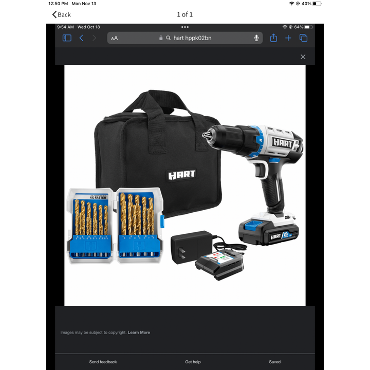 Hart 20V 1/2" Drill/Driver Value Kit- Includes Tool, Battery, Charger, Bits, & Carrying Bag