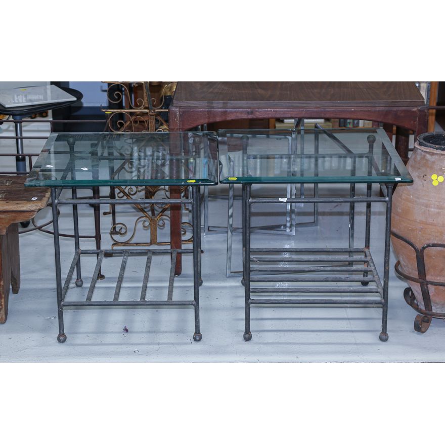 A Pair of Iron & Glass Top End Tables