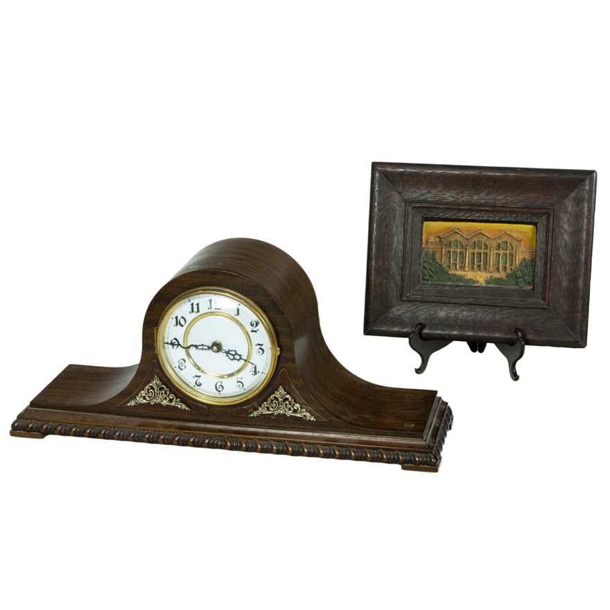 A Natalie Wolfe pottery tile and Herschede Hall ogee mantel clock for 1915 Panama Pacific International Exposition (PPIE)
